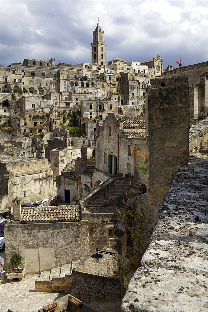 View of the Duomo and the Sassi of Matera, from the cliffside, Basilicata, Italy, Europe