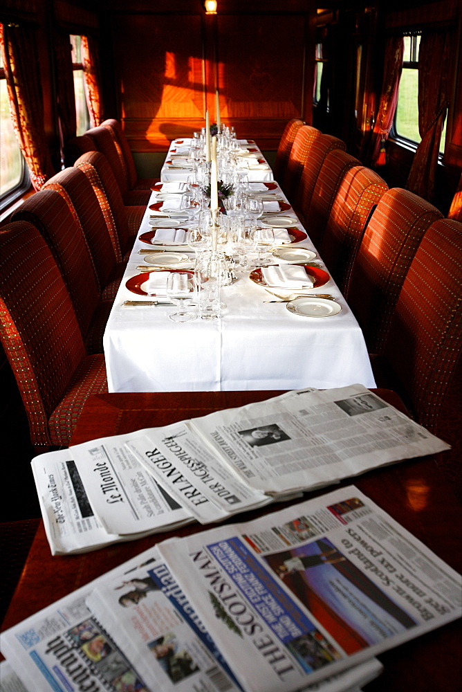 The main dining car of the Royal Scotsman train, Scotland, United Kingdom, Europe