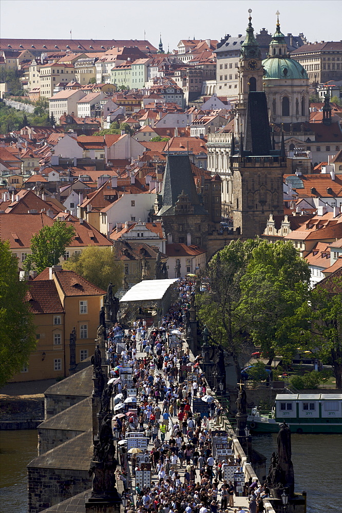 The Charles Bridge on Vltava River and panorama of the historical center, UNESCO World Heritage Site, Prague, Czech Republic, Europe