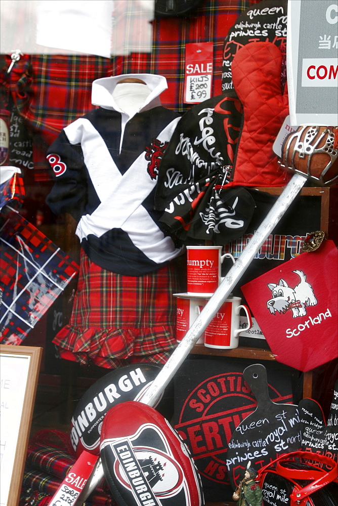 Scottish and rugby souvenirs for sale in a shop in the centre of Old Edinburgh, Edinburgh, Scotland, United Kingdom, Europe