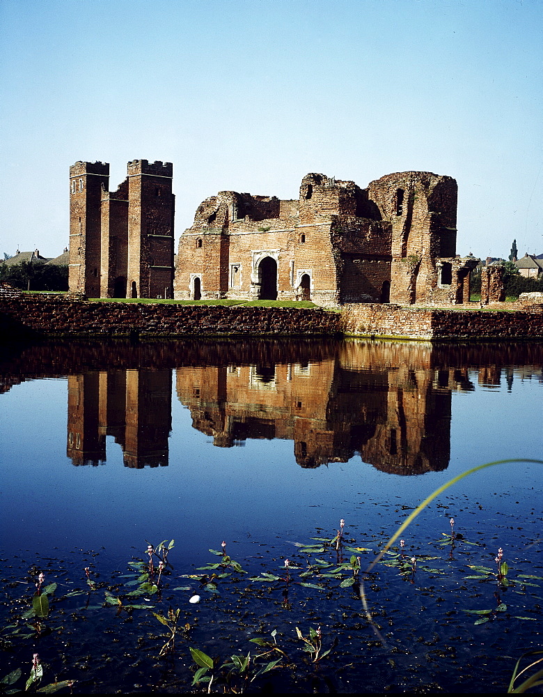 Reflection of castle ruins in the moat, Kirby Muxloe Castle, Leicestershire, England, United Kingdom, Europe