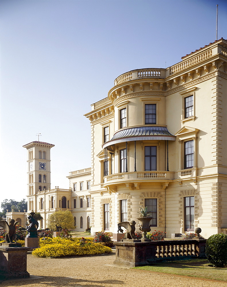 View from the Upper Terrace looking South towards the Pavilion, Main Wing and Clock Tower dating from 1851, Osborne House, Isle of Wight, England, United Kingdom, Europe


