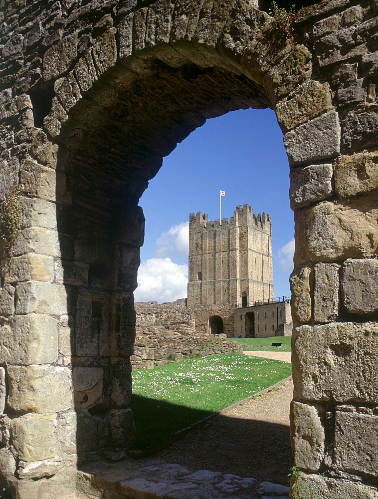 View of the keep through an archway, Richmond Castle, North Yorkshire, Yorkshire, England, United Kingdom, Europe

