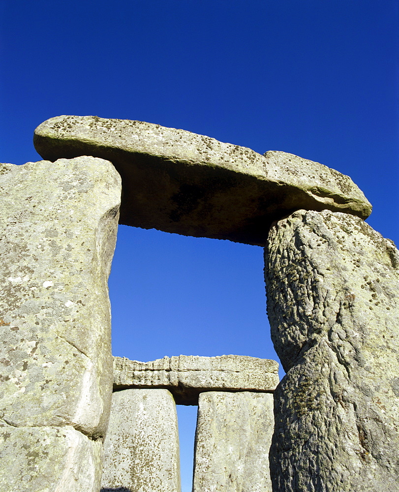 View looking up towards trilithon lintel, Stonehenge, UNESCO World Heritage Site, Wiltshire, England, United Kingdom, Europe