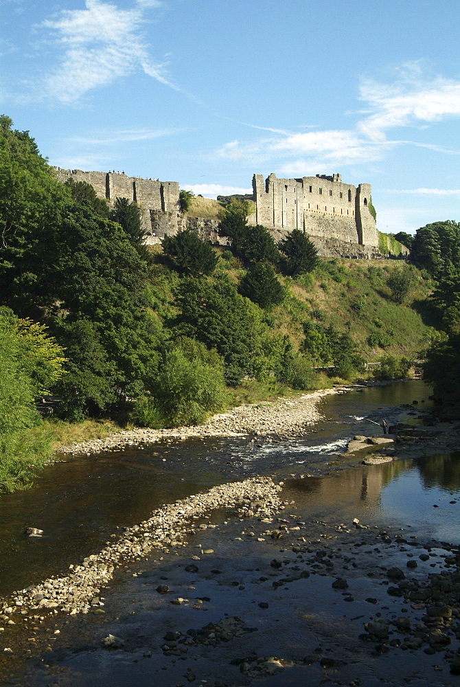 Richmond Castle, view of castle and river, North Yorkshire, Yorkshire, England, United Kingdom, Europe