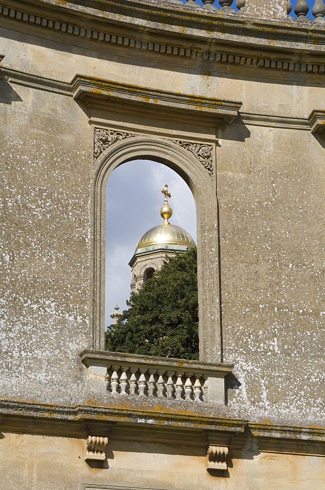 Clock tower detail through window, Witley Court, Worcestershire, England, United Kingdom, Europe