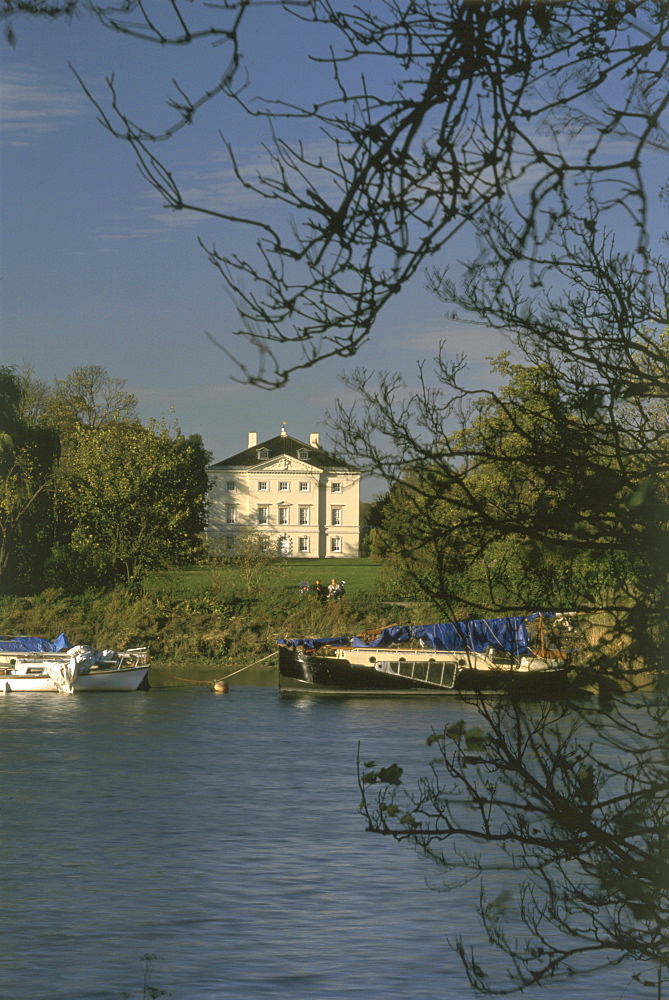 South front seen from across the River Thames, Marble Hill House dating from 1729, Twickenham, Middlesex, England, United Kingdom, Europe