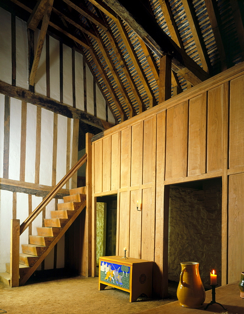 Interior view of hall showing stairs to the first floor bedchambers, Medieval Merchants House, Southampton, Hampshire, England, United Kingdom, Europe