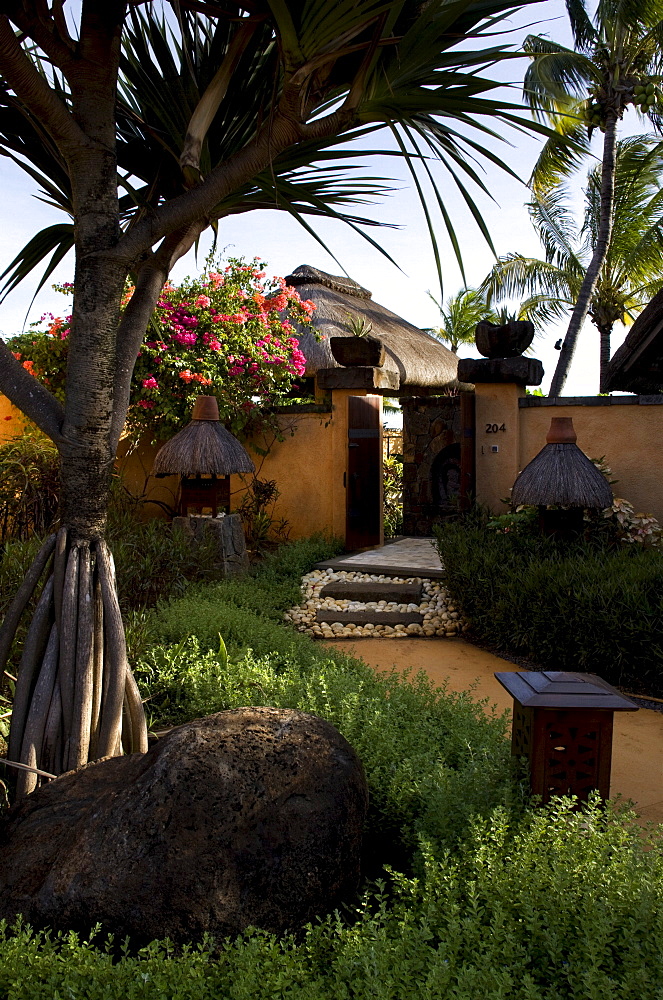 Sub-tropical planting and entrance to a villa, Baie aux Tortues, Pointe aux Pimentes, Mauritius, Africa