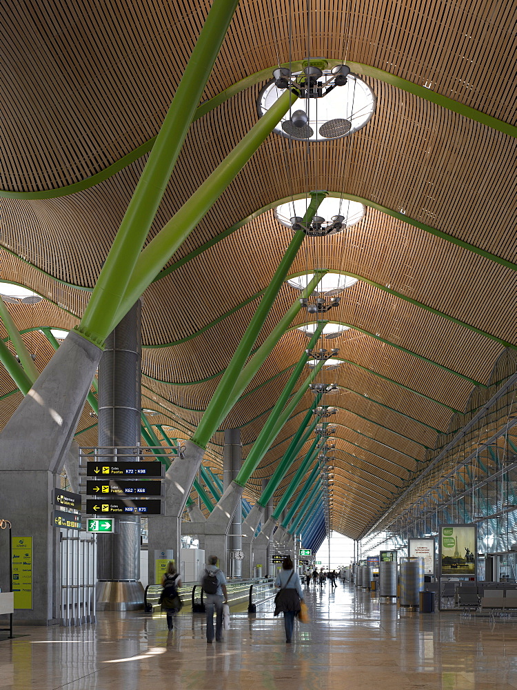 Coloured suppports in departure gate area of the New Terminal Building, architects Rogers Stirk and Harbour, Barajas Airport, Madrid, Spain, Europe