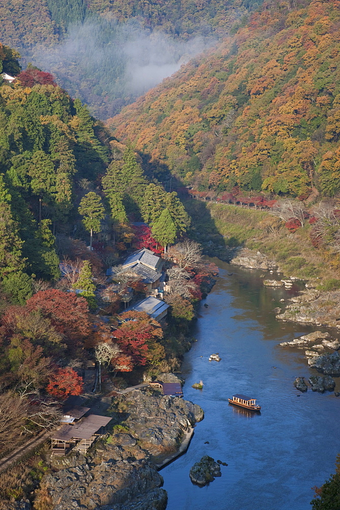 Aerial view of Hoshinoya Kyoto hotel and Hozu River in Kyoto Arashiyama, Japan, Asia