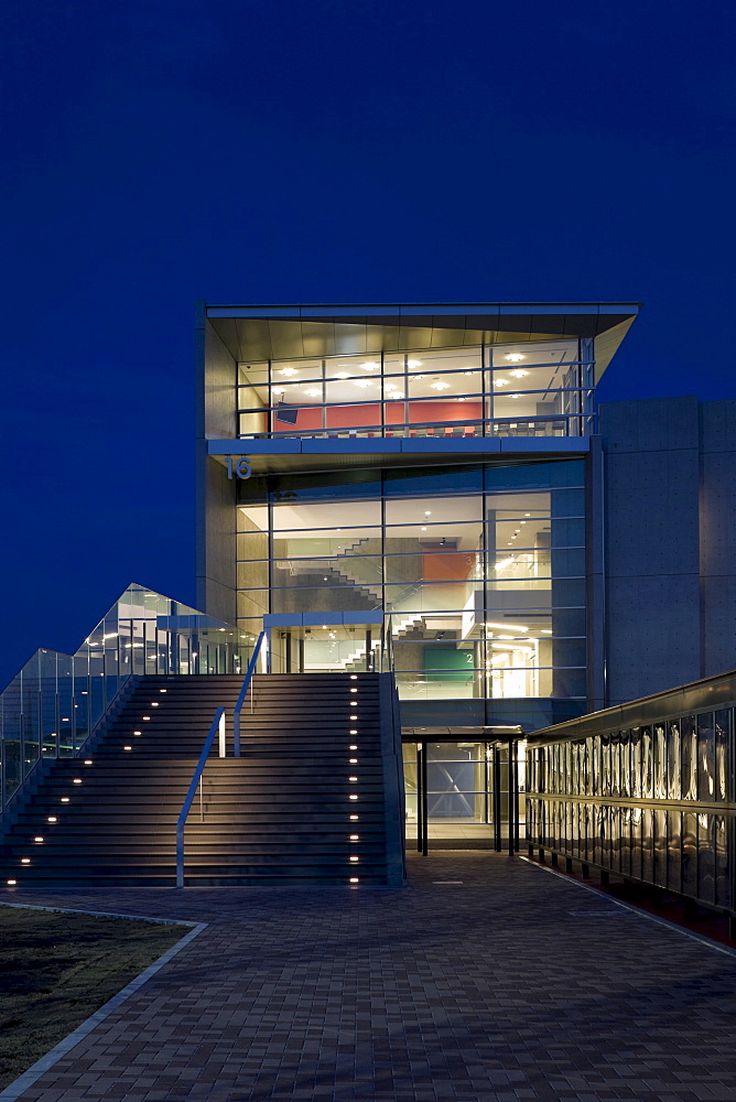 Toho College of Music 70th Anniversary, view of the entrance on the western side of the site during the evening, architects Yoshimitsu Nosu, Kawagoe, Saitama, Japan, Asia