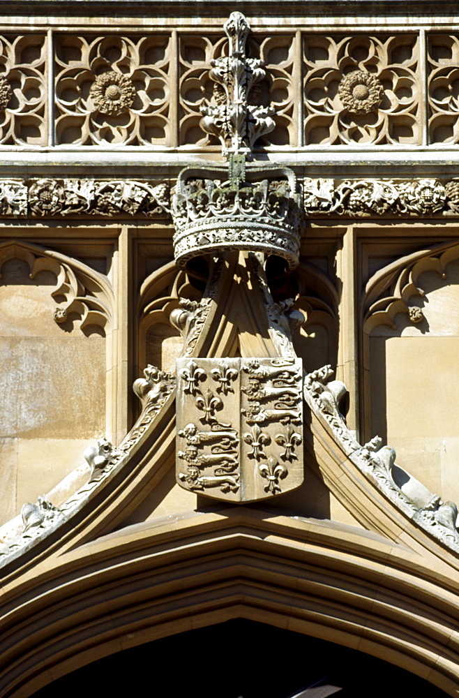 Coat of arms over the entrance to Kings College, Cambridge University, Cambridge, Cambridgeshire, England, United Kingdom, Europe