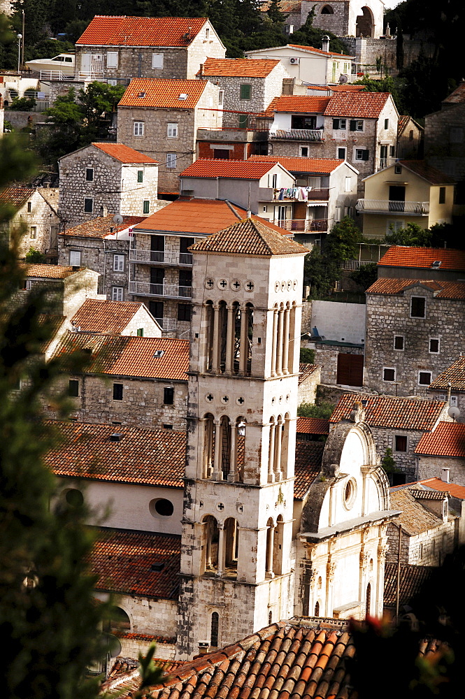 Rooftops and church tower, viewed from the escaprment of Hvar Castle, Hvar, Dalmatian Coast, Croatia, Europe