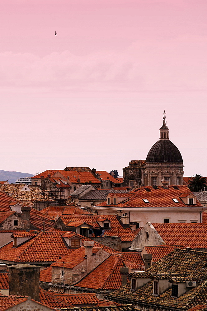 Rooftops and the dome of The Cathedral of the Assumption of the Virgin, at sunset, Dubrovnik, Croatia, Europe