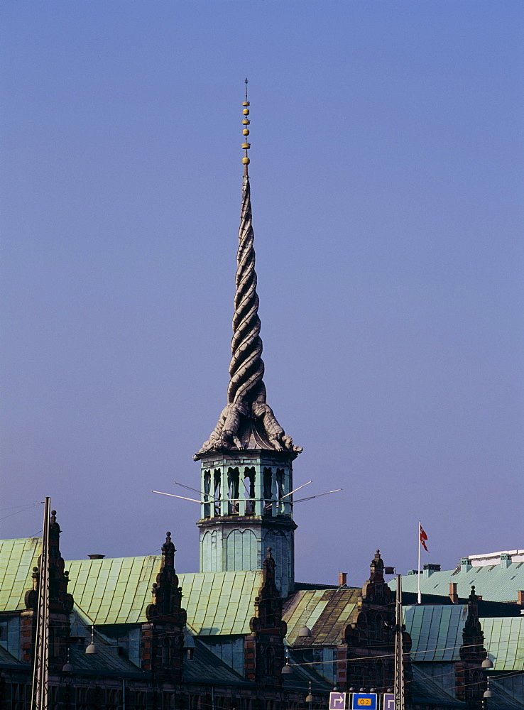 Twisted spire of the former Bourse (stock exchange), Copenhagen, Denmark, Scandinavia, Europe