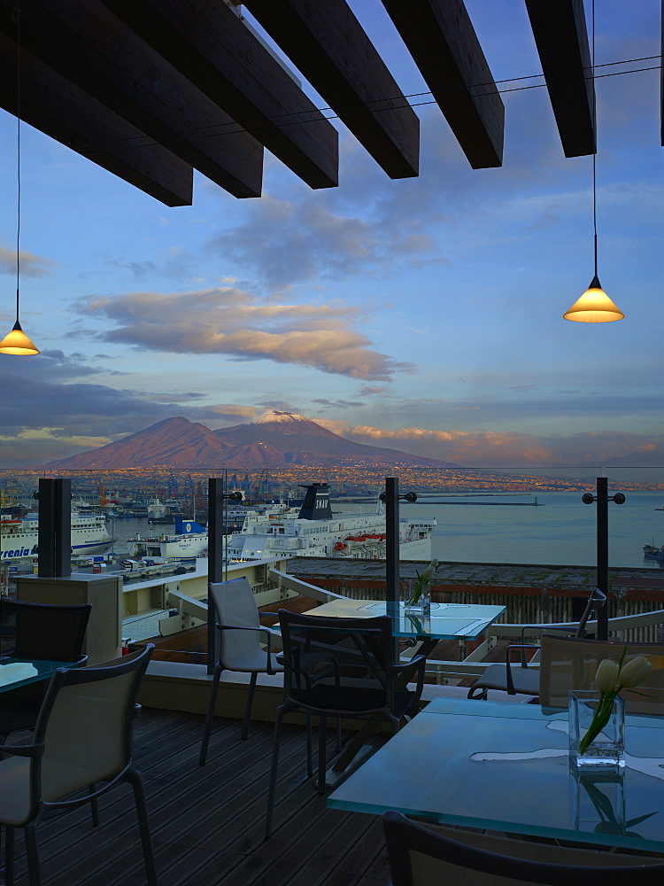 Hotel Romeo restaurant terrace and Mount Vesuvius, Naples, Campania, Italy, Europe