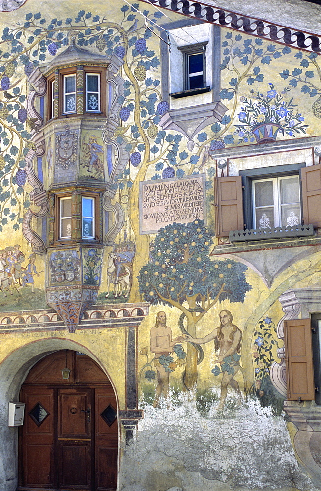 Medieval wall painting in Ardez village, Graubunden, Engadin, Switzerland, Europe