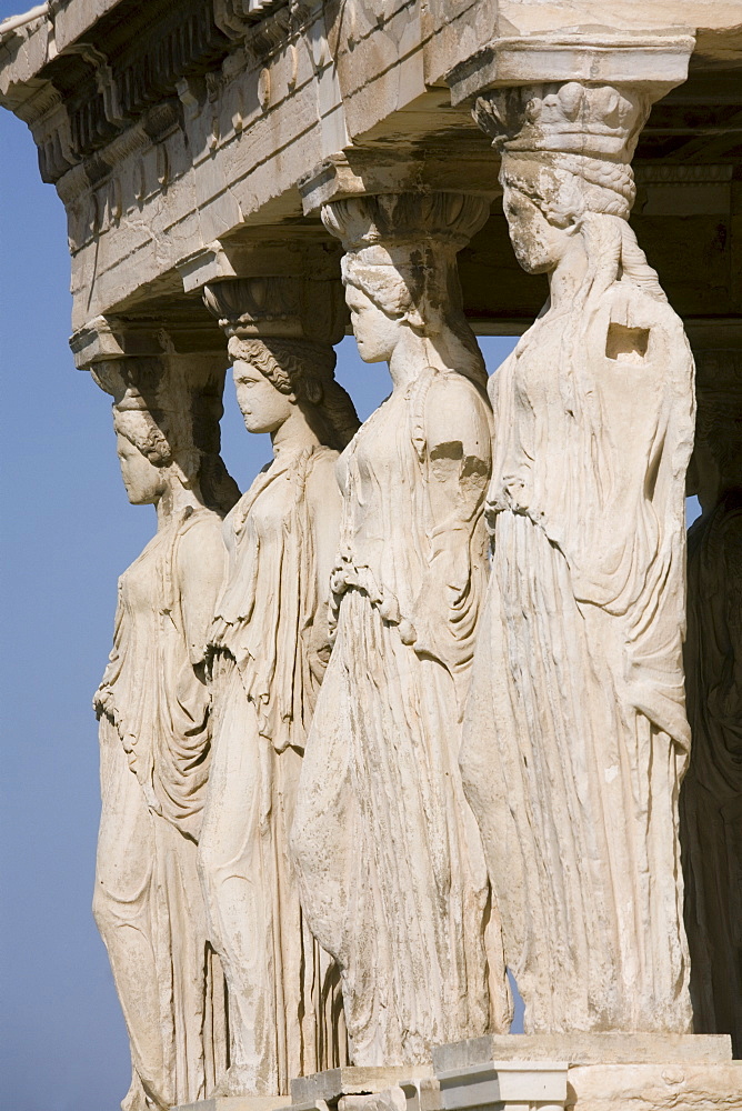 Detail of the four caryatids, Porch of the Caryatids, Erechtheion, Acropolis, UNESCO World Heritage Site, Athens, Greece, Europe