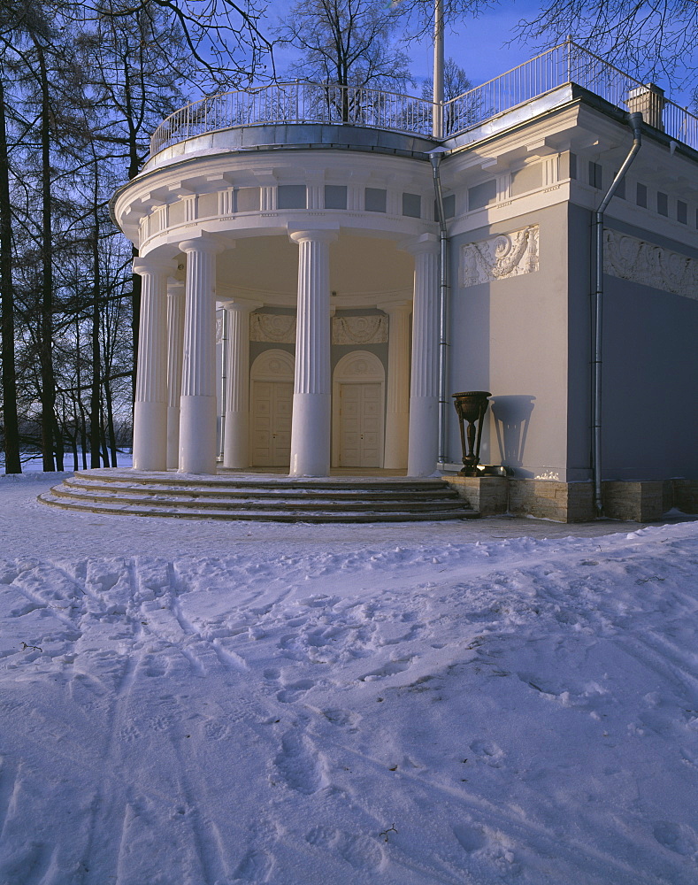 Restored blue pavilion by the Granite Landing, Yelagin Island and Palace, St. Petersburg, Russia, Europe