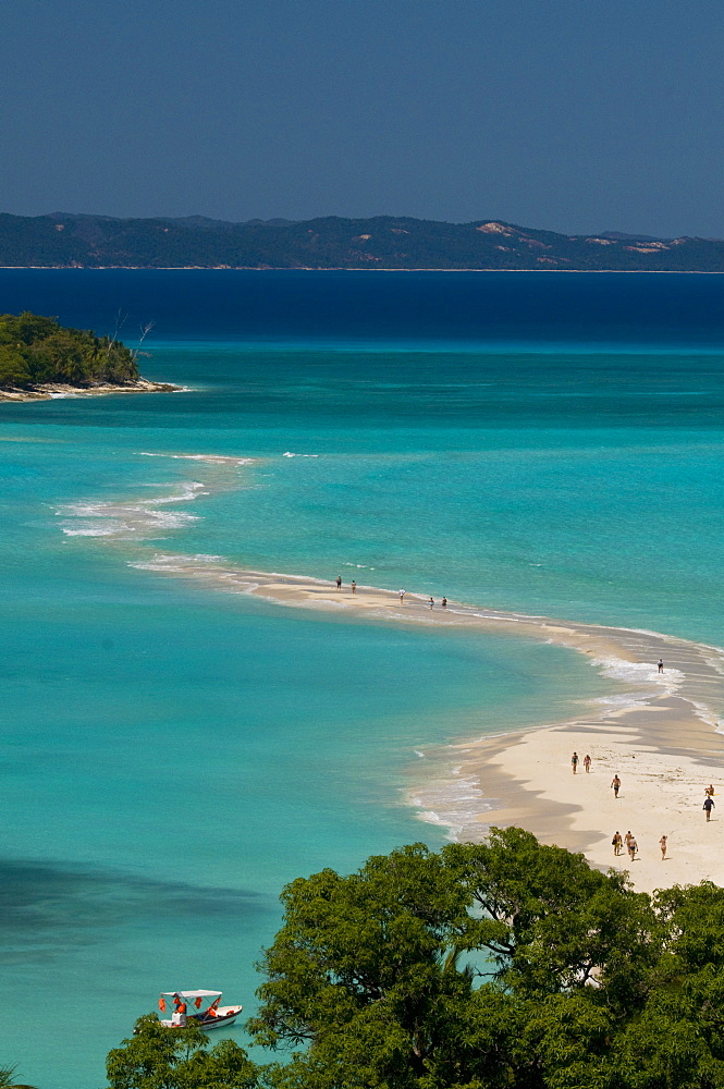 View above a sand bank linking the two little islands of Nosy Iranja near Nosy Be, Madagascar, Indian Ocean, Africa