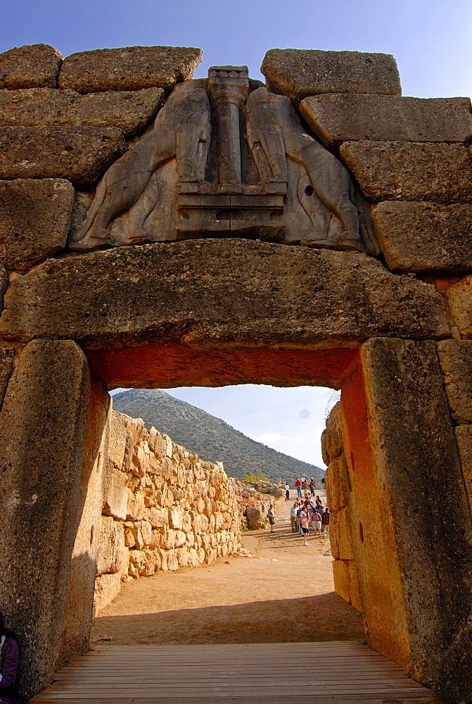 Lion's gate at Mycenae, UNESCO World Heritage Site, Peloponnese, Greece, Europe