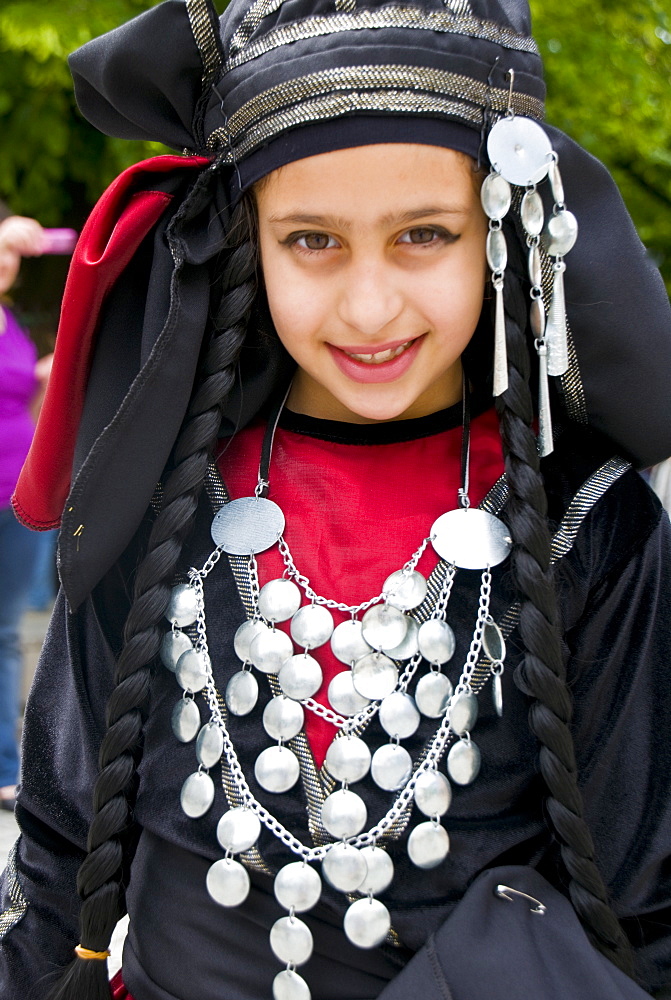 Young traditionally dressed Georgian girl, Sighnaghi, Georgia, Caucasus, Central Asia, Asia