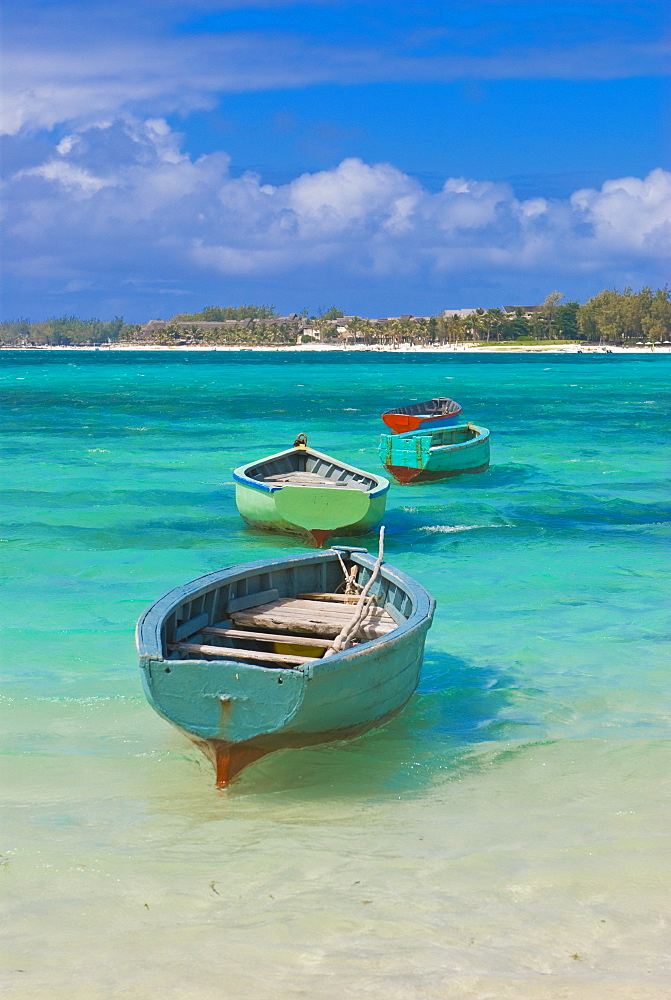 Small fishing boats in the turquoise sea, Mauritius, Indian Ocean, Africa