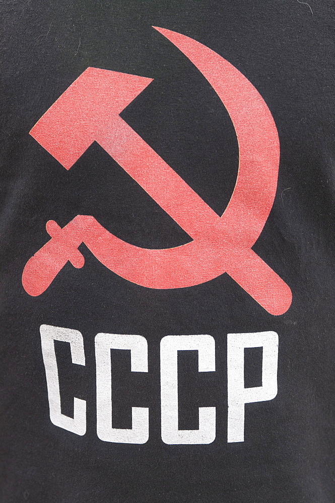 Hammer and sickle as sign of communism on a T-shirt, Bishkek, Kyrgyzstan, Central Asia