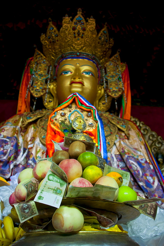 Buddha with sacrifical offerings in a little temple in Lhasa, Tibet, China, Asia