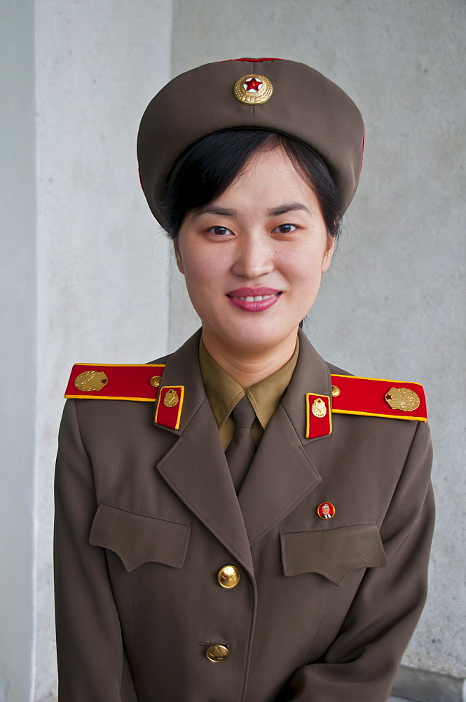 Friendly woman soldier, Pyongyang, North Korea, Asia