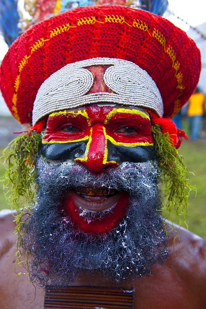 Colourfully dressed and face painted local tribesman celebrating the traditional Sing Sing in the Highlands, Papua New Guinea, Pacific