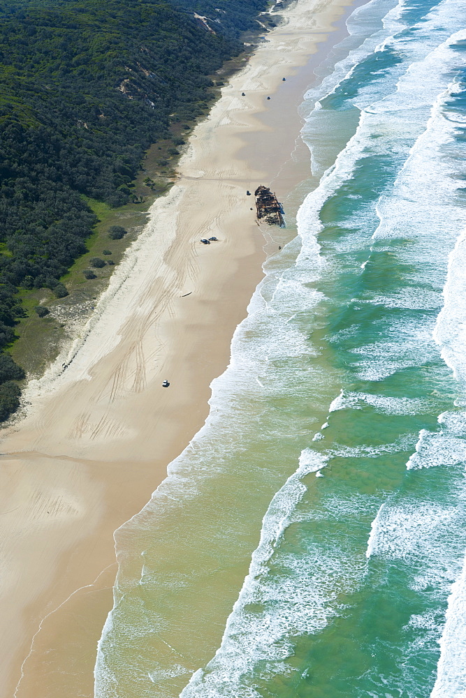 Aerial of the 75 mile beach and Mahona II shipwreck, Fraser Island, UNESCO World Heritage Site, Queensland, Australia, Pacific