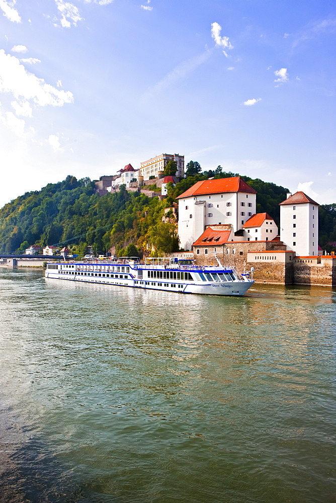 Cruise ship passing on the River Danube, Passau, Bavaria, Germany, Europe 