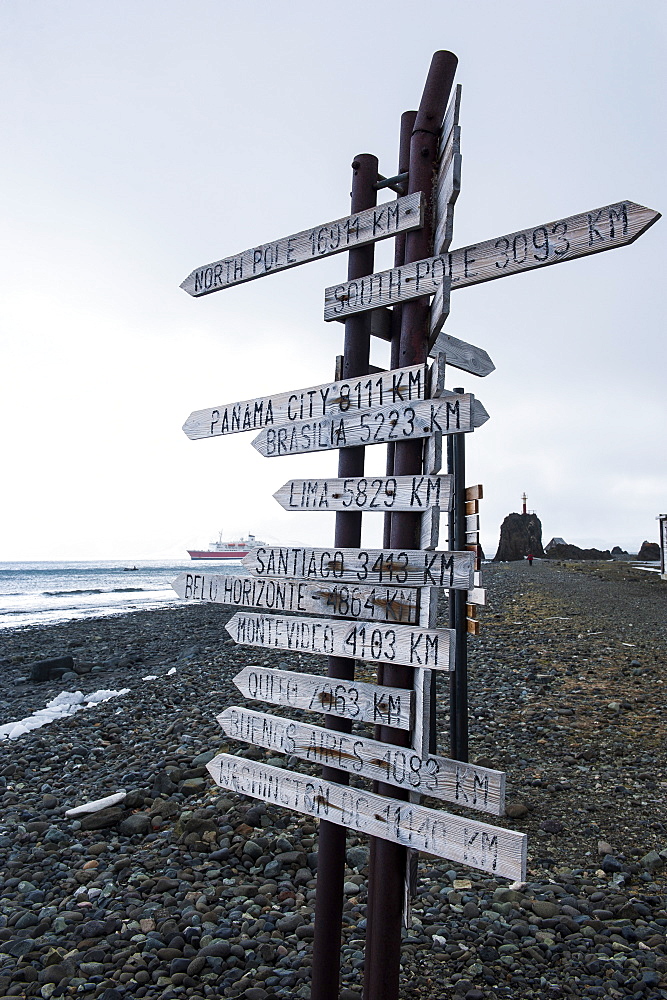 Worldwide signpost, Henryk Arctowski Polish Antarctic Station, King George Island, South Shetland Islands, Antarctica, Polar Regions 