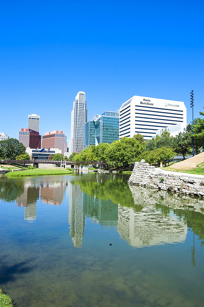 City park lagoon with downtown Omaha, Nebraska, United States of America, North America