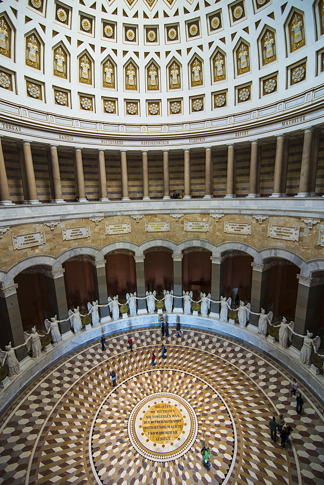 Tourists walking around the Befreiungshalle (Hall of Liberation) upon Mount Michelsberg above the city of Kelheim, Bavaria, Germany, Europe