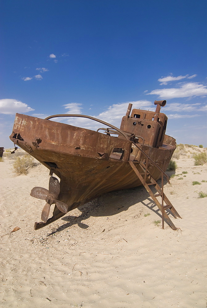 Rusting boats lying in the desert which used to be the Aral Sea, Moynaq, Uzbekistan, Central Asia, Asia