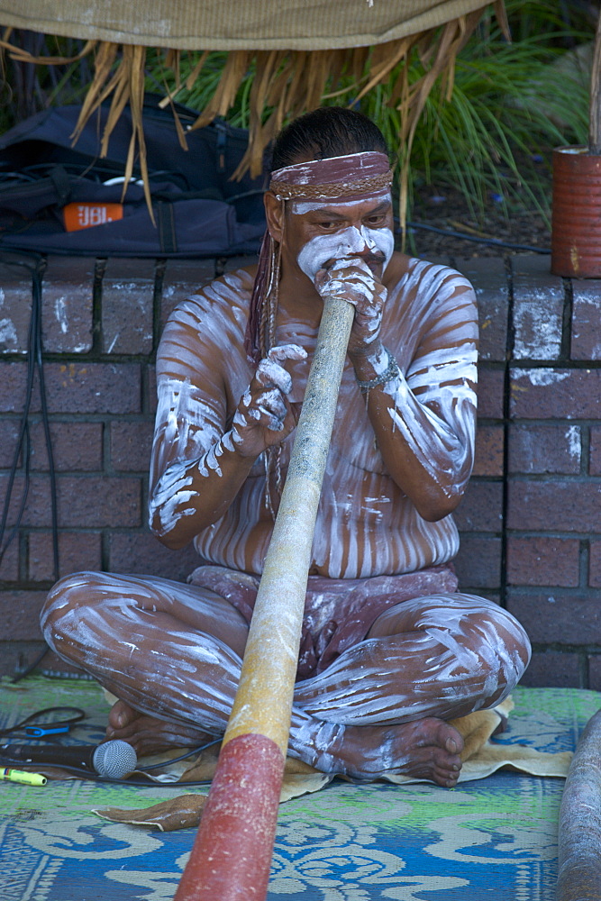 Aboriginal musician plays for tourists in the Sydney harbour, New South Wales, Australia, Pacific