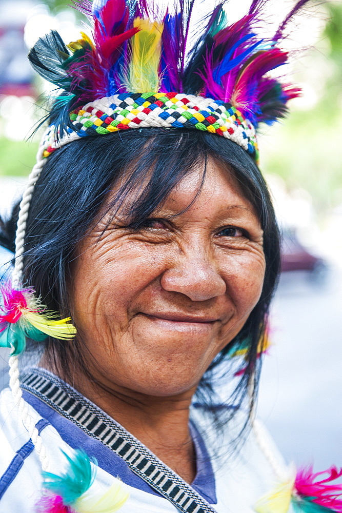 Traditional dressed Indian woman, Asuncion, Paraguay, South America