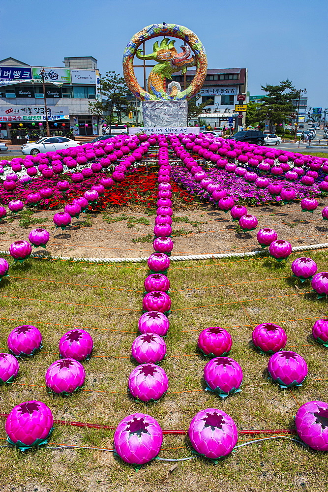 Colourful lanterns around the King Seong statue, Buyeo, South Korea, Asia