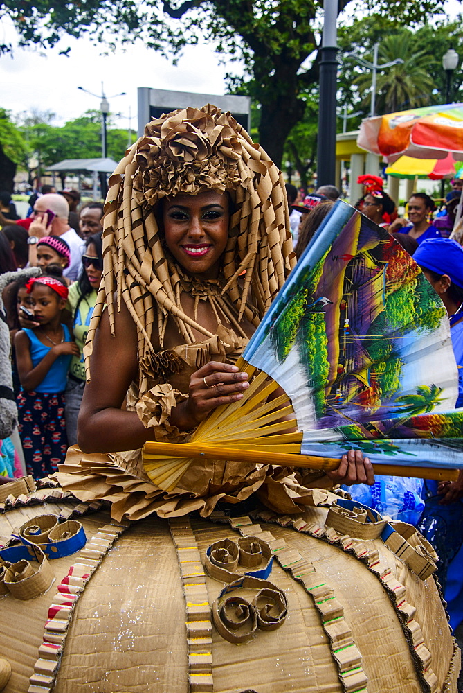 Colourfully dressed woman on the Carneval in Santo Domingo, Dominican Republic, West Indies, Caribbean, Central America