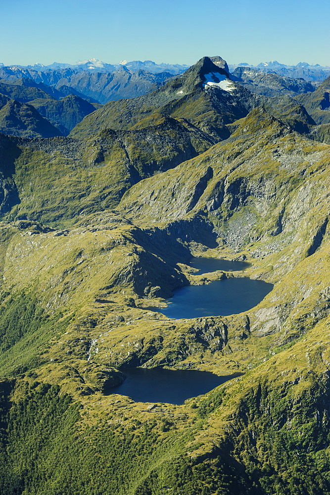 Aerial of the rugged mountains in Fiordland National Park, UNESCO World Heritage Site, South Island, New Zealand, Pacific