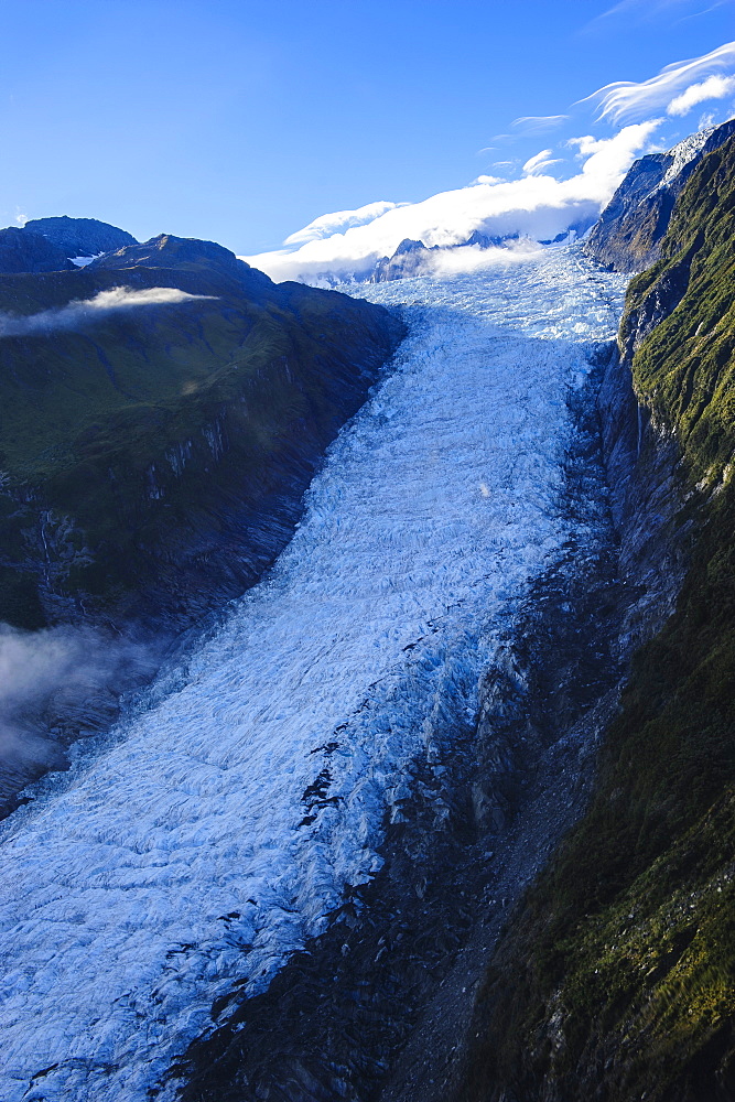 Aerial of Fox Glacier, Westland Tai Poutini National Park, South Island, New Zealand, Pacific