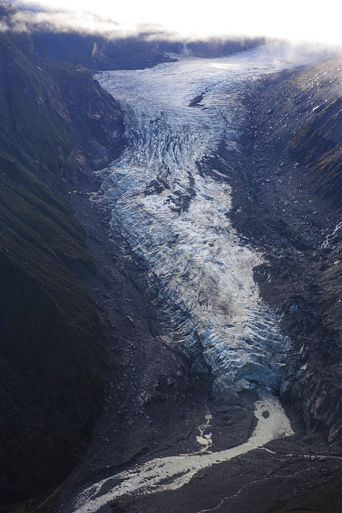 Aerial of Fox Glacier, Westland Tai Poutini National Park, South Island, New Zealand, Pacific