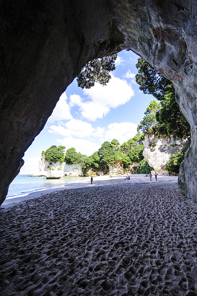 Cave as an entrance to the beautiful Cathedral Cove, Coromandel, North Island, New Zealand, Pacific 