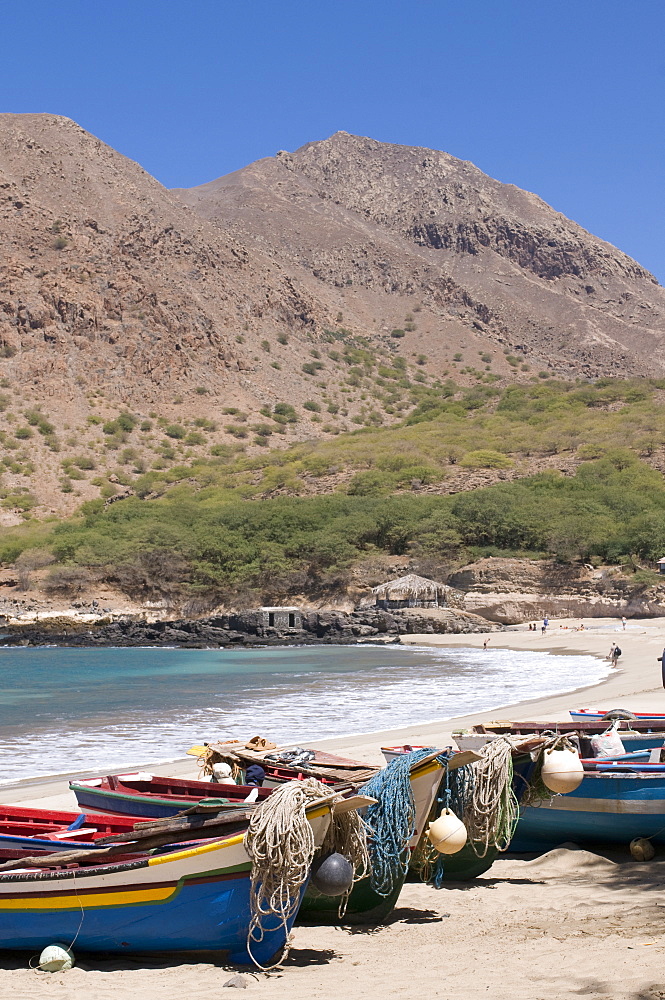 Fishing boats on sandy beach of Tarrafal, Santiago, Cape Verde Islands, Atlantic, Africa