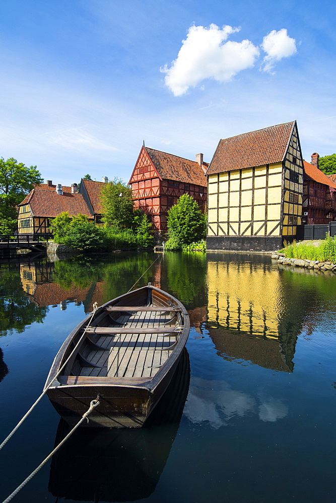 Little boat in a pond in the Old Town, Den Gamle By, open air museum in Aarhus, Denmark, Scandinavia, Europe