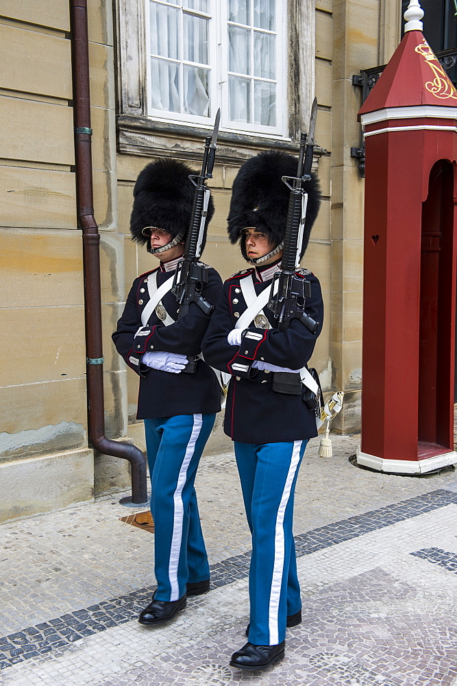 Royal Life Guards in Amalienborg, winter home of the Danish royal family, Copenhagen, Denmark, Scandinavia, Europe