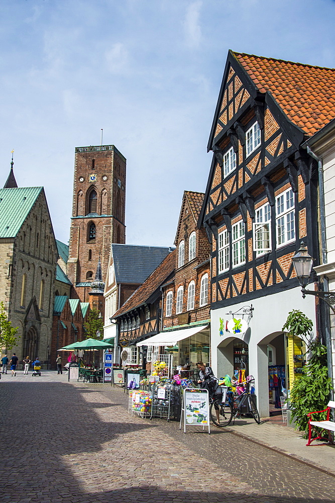 Pedestrian zone with the historic houses in Ribe, Denmark's oldest surviving city, Jutland, Denmark, Scandinavia, Europe